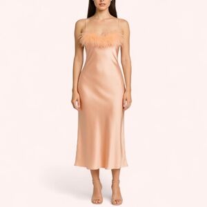 Sleeper Sultry Retro Dreamy Peach Feather Trim Glam Satin Slip Dress NWT Size S